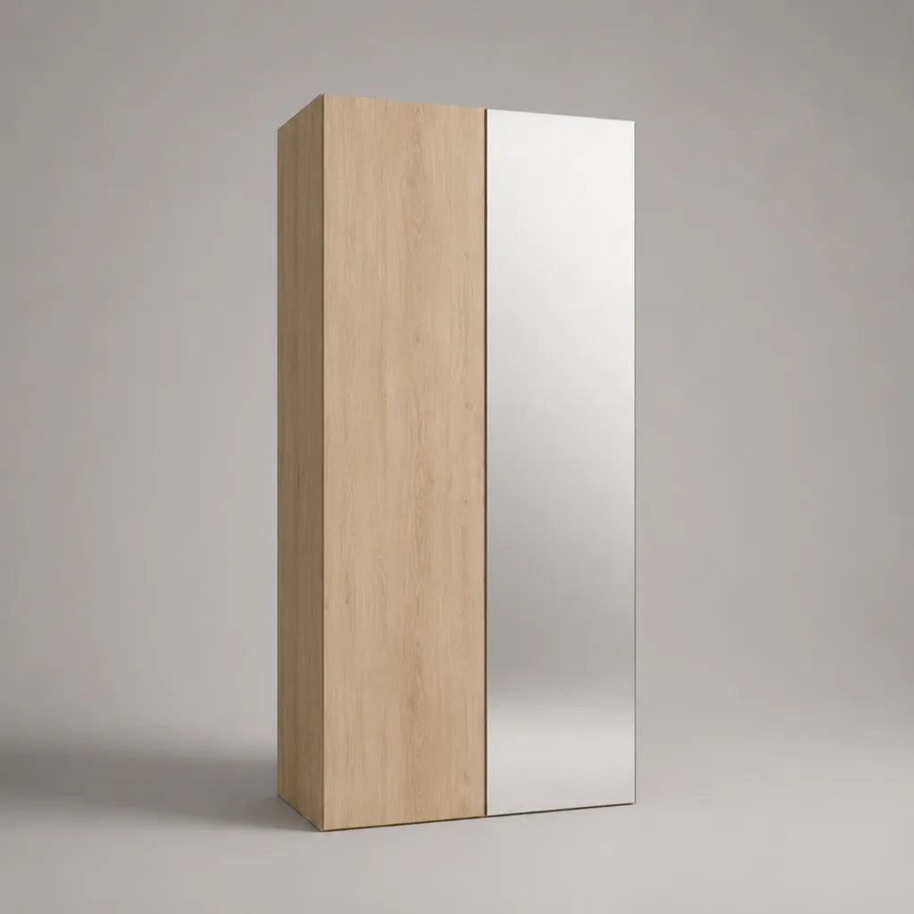Armoire penderie 2 portes avec miroir en panneaux de particules mélaminés, chêne clair et argenté, 80 × 50 × 180 cm