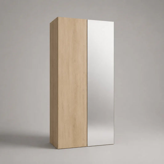 Armoire penderie 2 portes avec miroir en panneaux de particules mélaminés, chêne clair et argenté, 80 × 50 × 180 cm