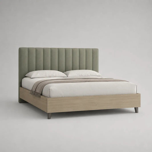 Lit double 160 × 200 cm avec tête de lit cannelée en velours polyester, cadre effet chêne clair et vert sauge