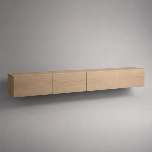 Meuble TV suspendu mural en MDF plaqué chêne naturel, 4 portes, 240 × 40 × 40 cm