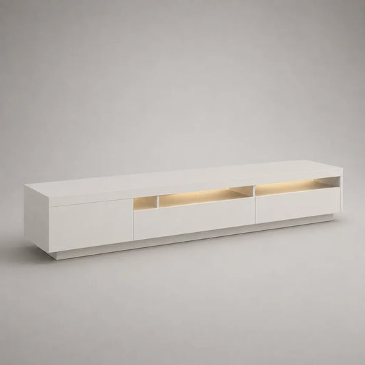 Meuble TV bas en panneaux de particules mélaminés blanc mat avec éclairage LED et rangements, 200 x 40 x 45 cm