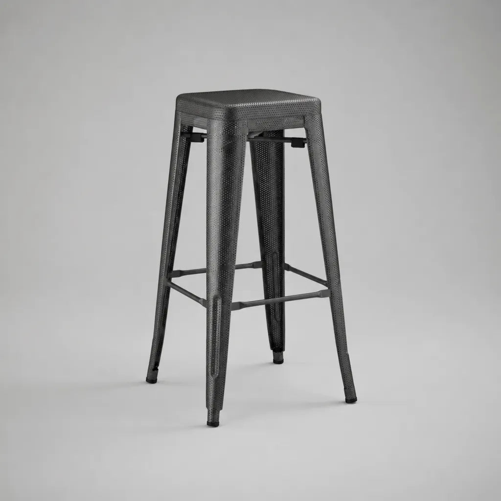 Tabouret de bar haut en acier perforé gris anthracite avec assise carrée, 43 × 43 × 76 cm