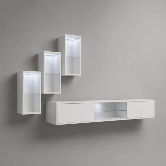 Ensemble meuble TV mural 4 pièces en MDF blanc et verre avec LED – meuble bas 180 × 35 × 40 cm et 3 colonnes 35 × 25 × 90 cm