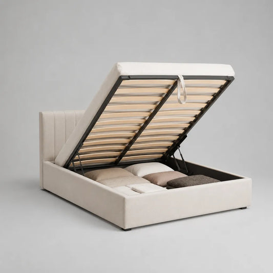 Lit coffre double 160 x 200 cm en velours polyester beige clair avec sommier à lattes et tête de lit rectangulaire