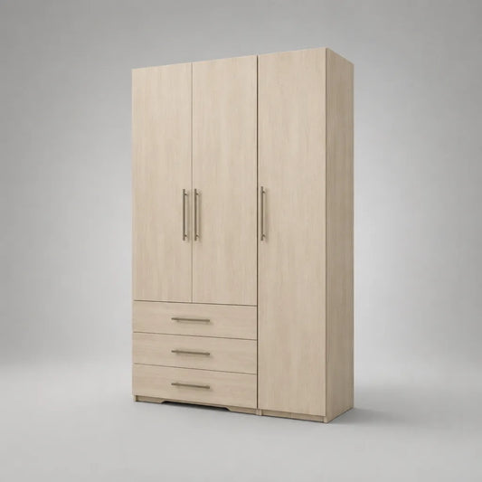 Armoire penderie en bois à 3 portes et 3 tiroirs, chêne clair, 120 × 180 × 50 cm