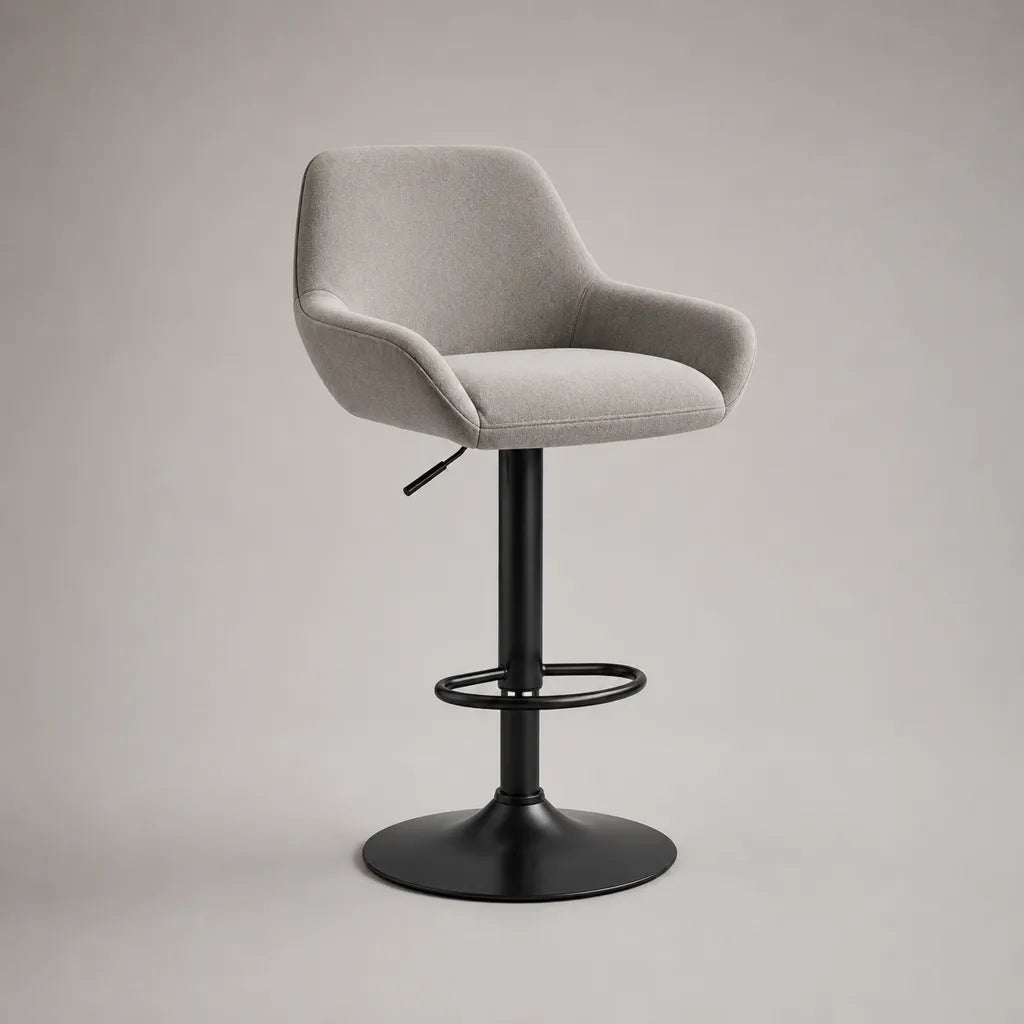Tabouret de bar réglable et pivotant avec accoudoirs, tissu gris clair et piètement en acier noir, 55 × 52 × 88-109 cm