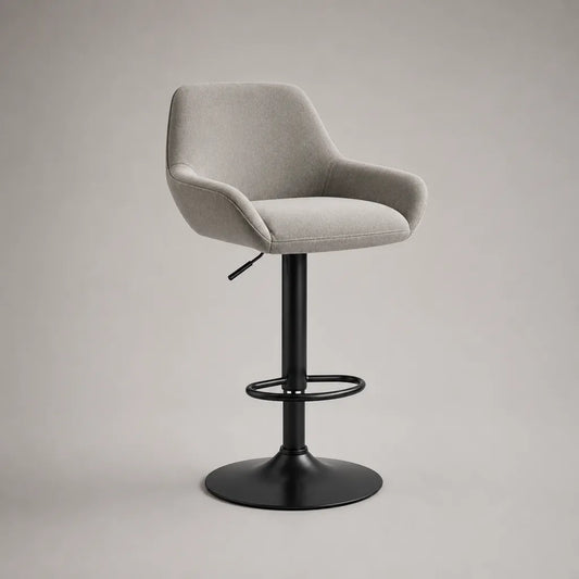 Tabouret de bar réglable et pivotant avec accoudoirs, tissu gris clair et piètement en acier noir, 55 × 52 × 88-109 cm