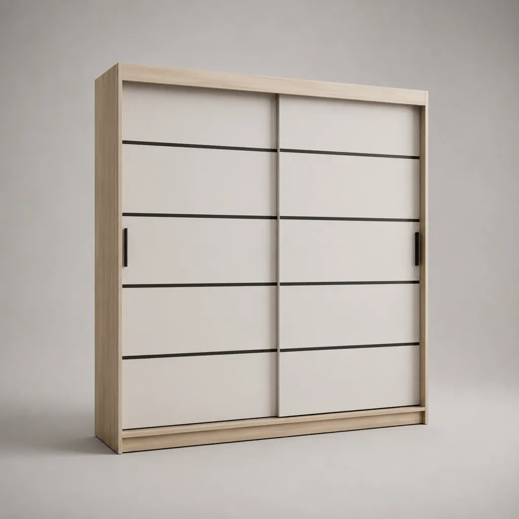 Armoire penderie à 2 portes coulissantes en panneaux de particules mélaminés, blanc, chêne clair et noir, 200 × 60 × 220 cm