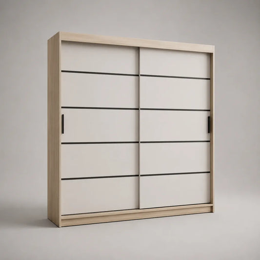 Armoire penderie à 2 portes coulissantes en panneaux de particules mélaminés, blanc, chêne clair et noir, 200 × 60 × 220 cm