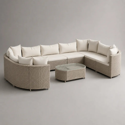 Ensemble de jardin modulable 6 places, 7 pièces en résine tressée beige, canapé en U 330 × 230 × 74 cm et table basse 100 × 60 × 43 cm