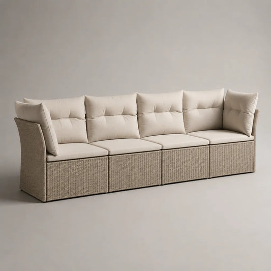 Canapé de jardin modulable 4 places en résine tressée beige avec coussins écrus, 292 × 78 × 88 cm