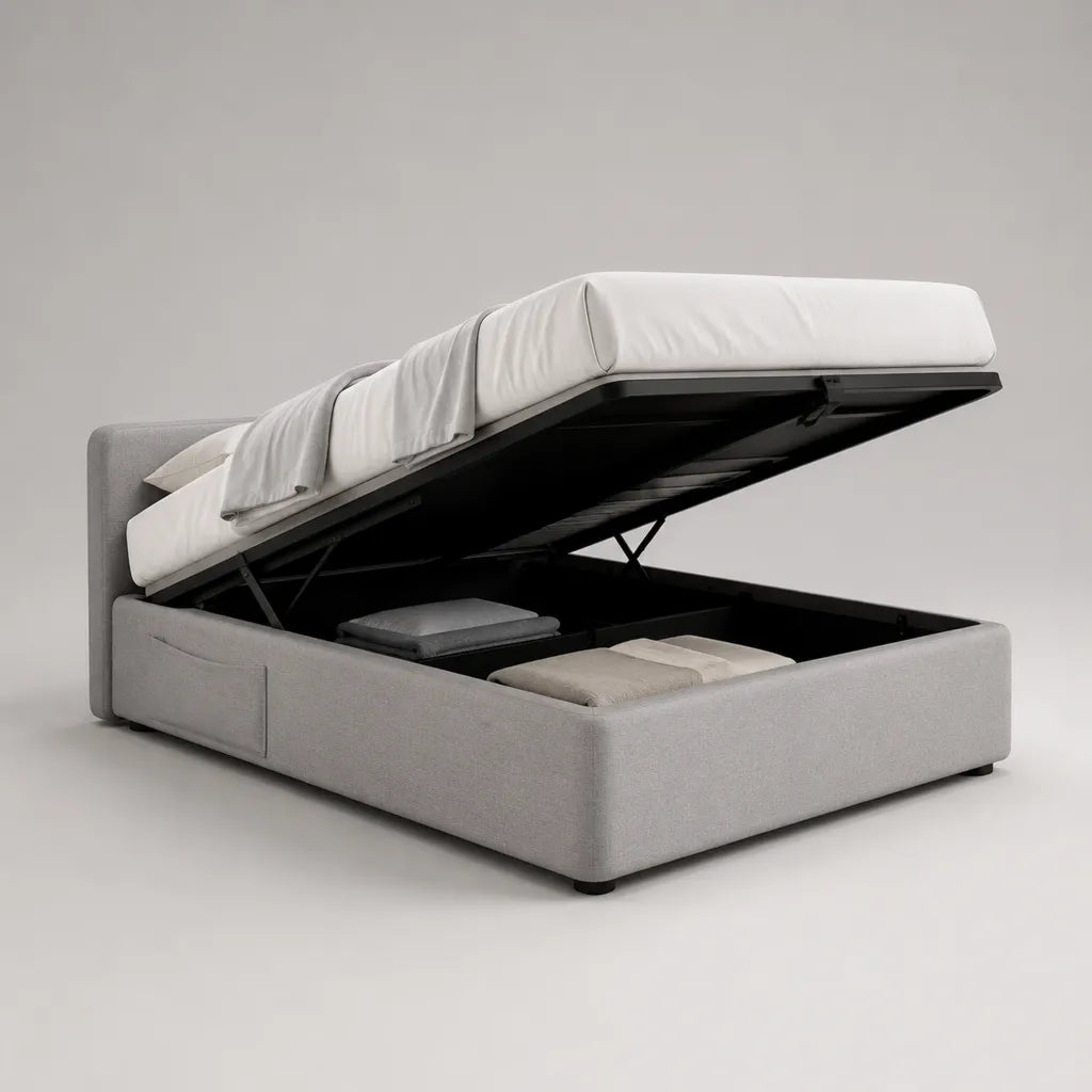 Lit coffre double rectangulaire gris clair et noir en polyester et acier, couchage 160 x 200 cm