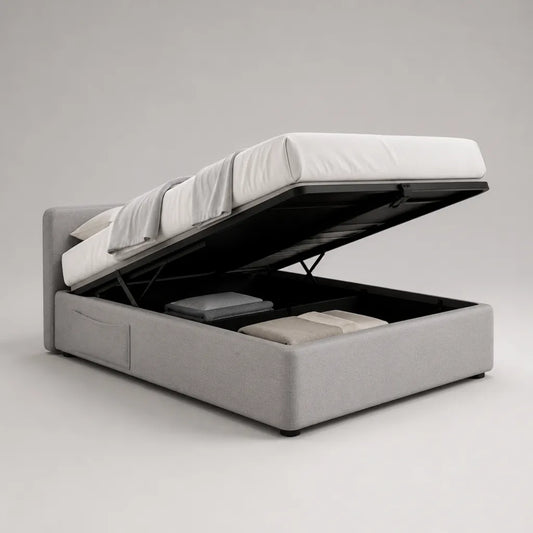 Lit coffre double rectangulaire gris clair et noir en polyester et acier, couchage 160 x 200 cm