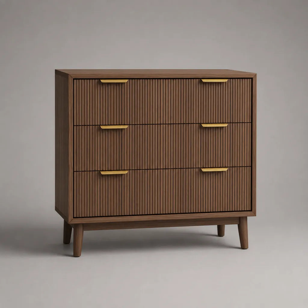 Commode rectangulaire en MDF plaqué bois à 3 tiroirs, brun noyer et doré, 90 × 40 × 95 cm