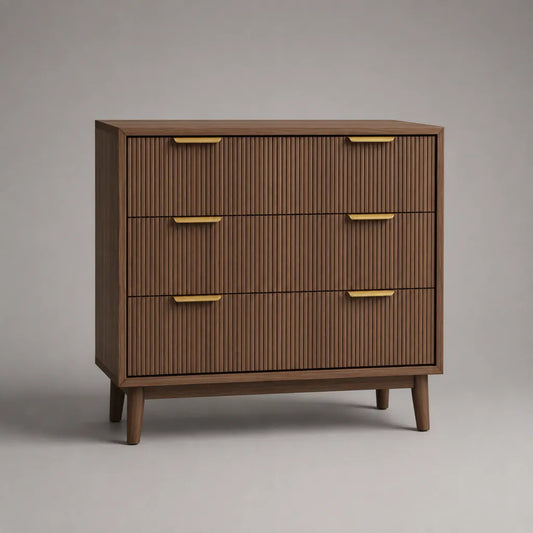 Commode rectangulaire en MDF plaqué bois à 3 tiroirs, brun noyer et doré, 90 × 40 × 95 cm