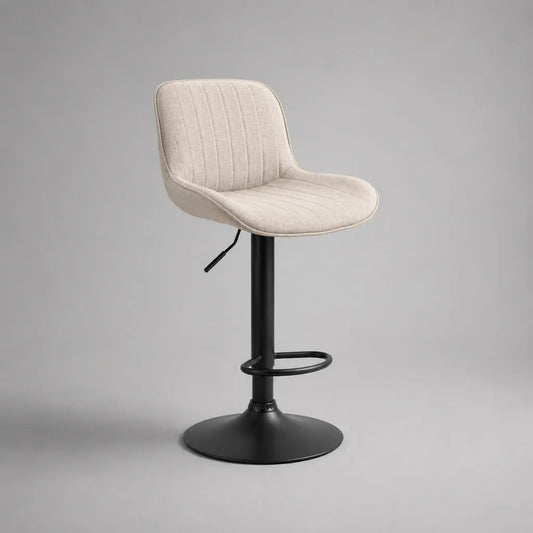 Tabouret de bar réglable et pivotant en tissu beige et acier noir, 50 x 52 x 88-109 cm