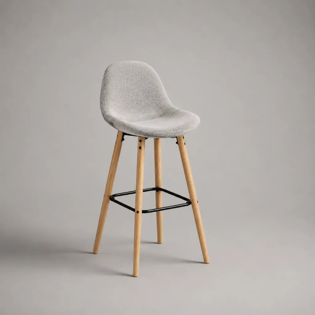 Tabouret de bar gris clair avec dossier rembourré, pieds en hêtre massif et repose-pieds en acier, 48 × 52 × 103 cm, assise à 75 cm