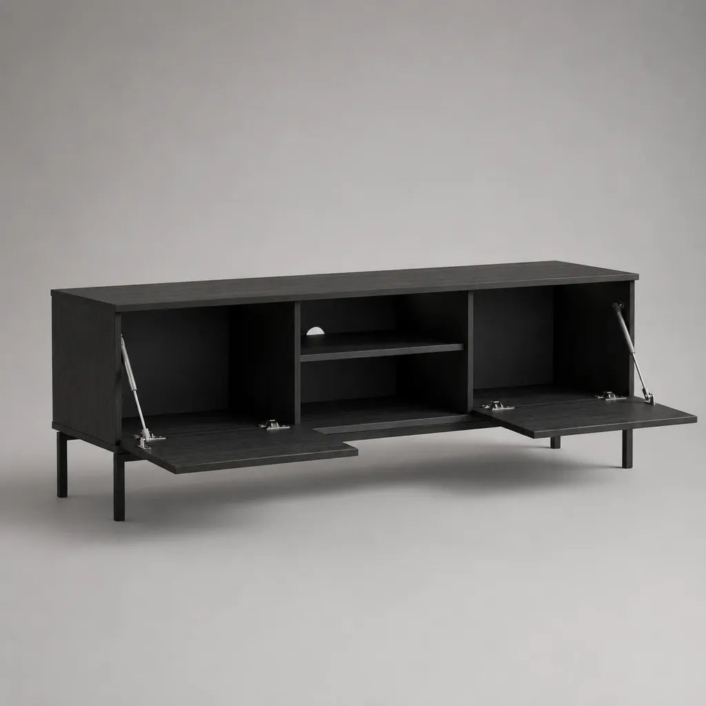 Meuble TV bas rectangulaire en panneaux de particules mélaminés et acier noir, 160 × 40 × 55 cm
