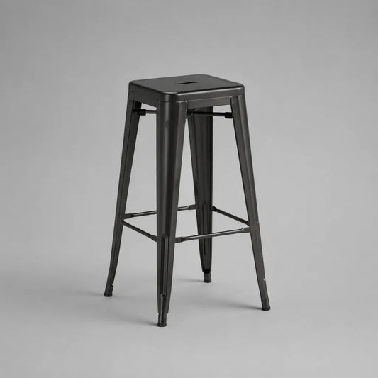 Tabouret de bar empilable en acier noir avec assise carrée, 43 × 43 × 76 cm
